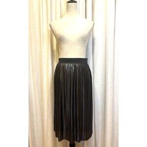 Gap Metallic Pleated Midi Skirt Black Satin Lined Elastic Waist Size S